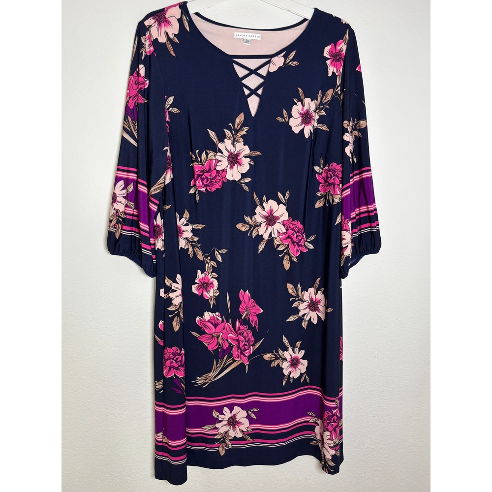 Sandra Darren Navy Pink Floral Lattice Neck Shift Dress Plus‎ Size 18W